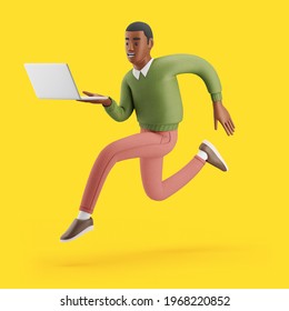 Cheerful Young African Man Running With A Laptop. Mockup 3d Character Illustration