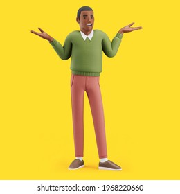 Cheerful young African man shrugs his shoulders in a choice posture. Mockup 3d character illustration - Powered by Shutterstock