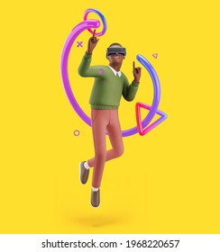 Cheerful Young African Man In A Virtual Reality Playing With Future Technology. Mockup 3d Character Illustration