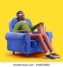 Cheerful Young African Man Watching A Movie In A Cinema Chair With Popcorn. Mockup 3d Character Illustration