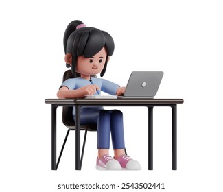 A cheerful young girl focuses intently while writing notes next to her laptop at a tidy workspace. - Powered by Shutterstock