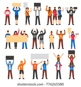 Cheering protesting crowd holding banners flat set isolated on white background  illustration