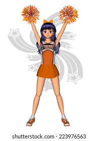 Cheerleader Cheer Motion High V Cheerleader demonstrates basic cheer motion wearing orange uniform with orange and pink poms and light gray star background.