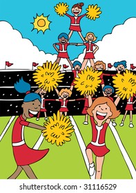 Cheerleaders : Team Of Cheerleaders In Uniform Form A Pyramid At A Football Stadium Event.