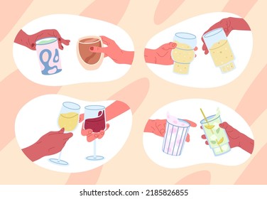 Cheers Glasses, Hands Holding Beer, Wine And Cocktail Glass, Toast Concept. Celebrating Cheers, Party Drinking Toast Cartoon Symbols Illustrations Set. Friends Holding Drinks Glasses