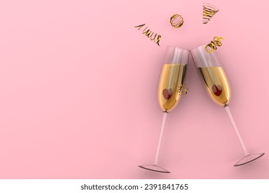 Cheers! Two champagne glasses with ribbons and confetti, Merry Christmas and Happy New Year concept. 3d rendering Illustration. - Powered by Shutterstock