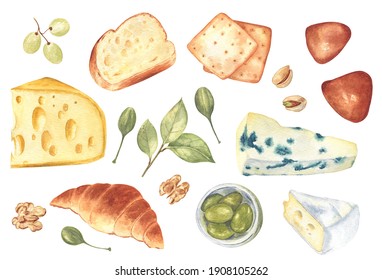 Cheese, Buns, Crackers, Croissant, Walnuts, Pistachio, Olives, Grapes, Bread And Capers. Watercolor Illustration Of White Isolated Background. Delicious Set Of Snacks For Foodies. 