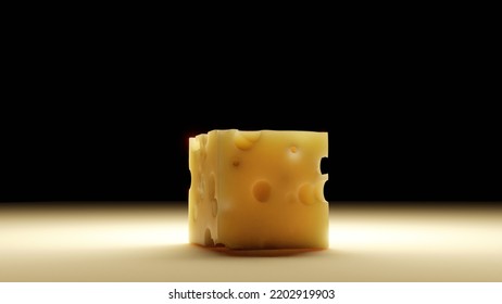 Cheese Cube In Close Range On A Glass Kitchen Desk (3D Rendering)