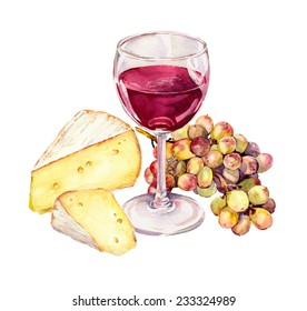 Cheese, Grape And Red Wine Glass. Watercolor Drawing