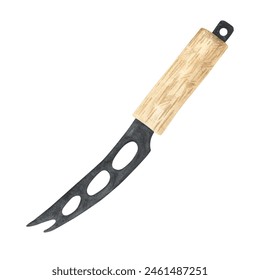 Cheese knife. Silver black cutlery with light wooden handle. Hand drawn watercolor illustration isolated on white background. Fine dining, design element for restaurant menus and cafes. - Powered by Shutterstock