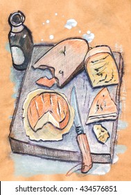 cheese party,  ink and pencils original drawing on recycle paper
