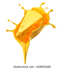 Cheese Sauce Splashing In The Air With Cheddar Cheese, 3d Rendering.