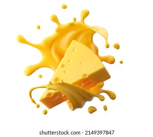 Cheese Sauce Splashing In The Air With Cheddar Cheese, 3d Rendering.