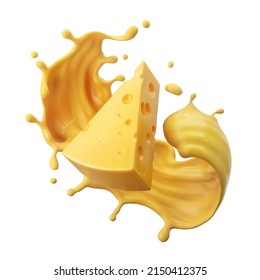 Cheese Sauce Splashing In The Air With Cheddar Cheese, 3d Rendering.