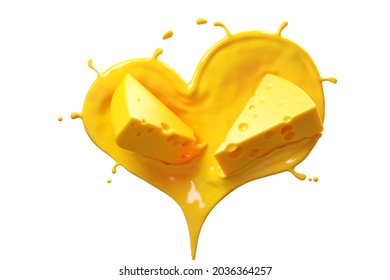 Cheese Sauce Splashing In The Heart Shape With Cheddar Cheese, 3d Rendering.