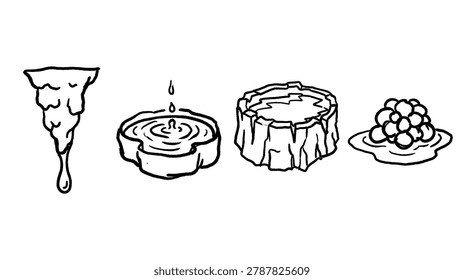 cheese slice round dish tree stump and berry bowl icons appear as black outline food objects on a clean white background The composition ensures subjects remain a bit distant allowing proper alignment in modern vertical media formats for stock design use