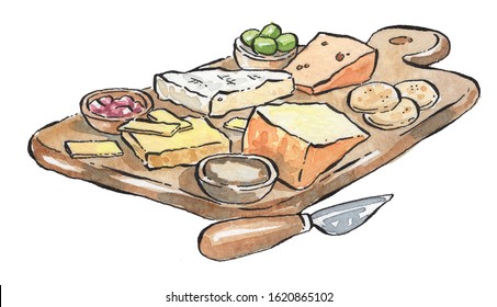 Cheeseboard With Olives, Crackers, Brie, Smoked Cheese, Edam, Gouda, Cheddar, Olive Oil And Cheese Knife On Brown Wooden Board Watercolor And Ink Menu Illustration Isolated On A White Background