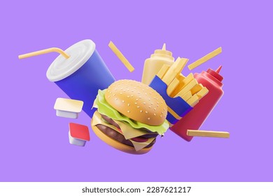 Cheeseburger, French fries, drink, ketchup and mustard over purple background. Concept of fast food and nutrition. 3d rendering - Powered by Shutterstock