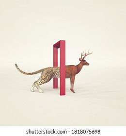 Cheetah entering a door and gets out as a deer . Changing mindset and different approach concept . Life changing decision and new opportunities . This is a 3d render illustration . 