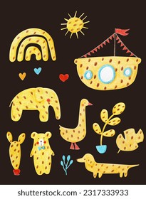Cheetah skin pattern element set drawn by color pencils. Yellow spotted as leopard animals - goose, elephant, bear, dog. Sun, rainbow, plants, boat. Kids funny nursery poster, decoration, background
