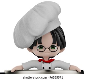 chef cartoon inside the pan close up