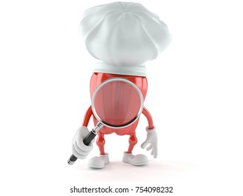 Chef character looking through magnifying glass isolated on white background. 3d illustration