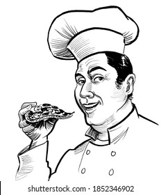 Chef Eating Slice Of Pizza. Ink Black And White Drawing