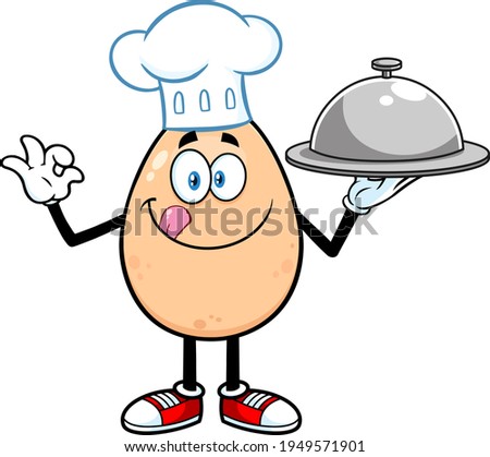 Chef Egg Cartoon Character character Gesturing Ok And Holding A Silver Platter. Raster Illustration Isolated On White Background