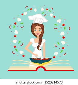 Chef Holding Recipe Cookbook. Abstract Card, Illustration