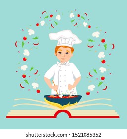 Chef Holding Recipe Cookbook. Abstract Card, Illustration