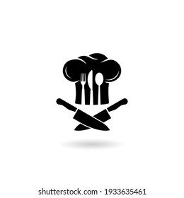 Chef logo with chef's hat and knives icon with shadow