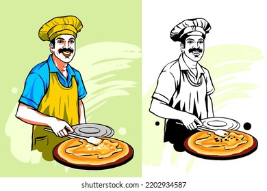 The Chef Is Men, Of Indian Nationalities And Ages. Restaurant Staff In Uniform. Cook Vector Illustration Cartoon Character Set Isolated On Green And White Background.