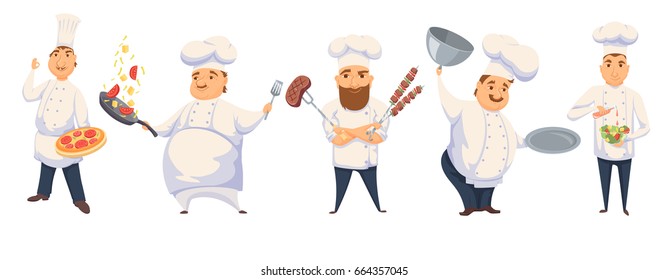 Chefs in restaurant kitchen cooking. Cute cooks in uniform preparing food in dining or hotel. Smile kitchener making Italian pizza, pasta sauce, BBQ, salad and holding empty dish. Professional master - Powered by Shutterstock