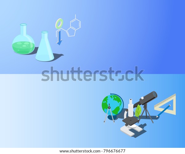 Chemical experimentation, scientific\
research and development page with globe, glass flasks, new\
microscope and black telescope \
illustration.