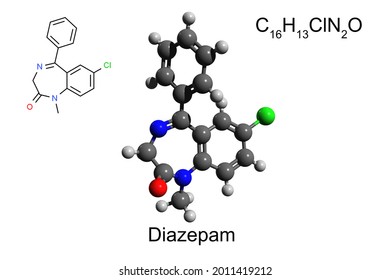 Chemical formula, skeletal formula, and 3D ball-and-stick model of benzodiazepine medication diazepam, white background