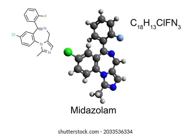 Chemical formula, skeletal formula and 3D ball-and-stick model of benzodiazepine anesthetic midazolam, white background