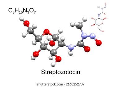 Chemical formula, skeletal formula, and 3D ball-and-stick model of chemotherapeutic drug streptozotocin, white background
