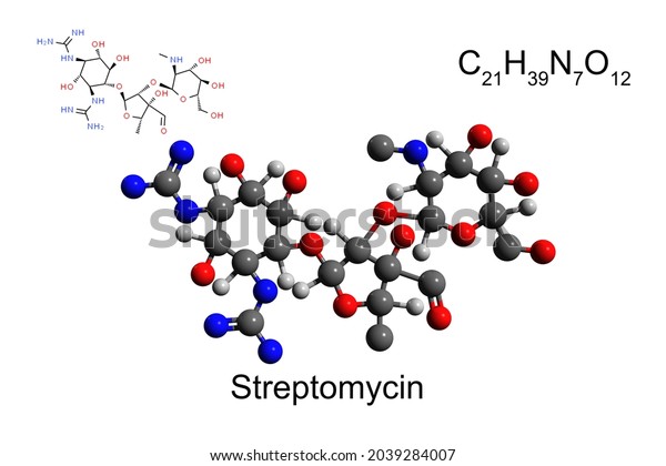 Chemical formula, structural formula and 2D\
ball-and-stick model of aminoglycoside antibiotic streptomycin,\
white\
background	