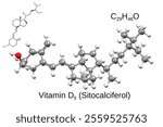 Chemical formula, structural formula and 3D ball-and-stick model of vitamin D5 (sitocalciferol), white background