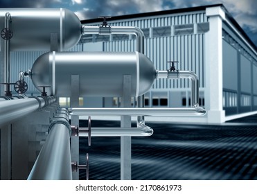 Chemical Industry. Compressor Station In Chemical Industry. Steel Tanks And Pipes In Front Of Chemical Factory. Factory Exterior Visualization. Manufactory Background. Selective Blurred. 3d Image.