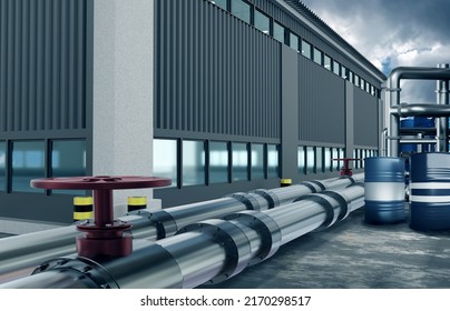 Chemical Industry. Pipes Of Chemical Plant In Front Of Building. Concept Of Toxic In Production. Industrial Hangar Next To Pipeline. Steel Pipes With Valves. Exterior Of Chemical Plant. 3d Rendering.