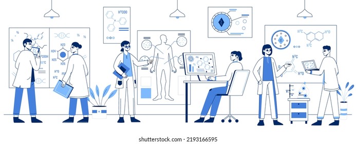 Chemical Lab Development, Science Researchers Team, Laboratory Workers Group. Medical Lab Experiment Flat Symbols Illustration. Pharmaceutical Scientist Research