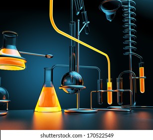 Chemical Laboratory With Glowing Liquids