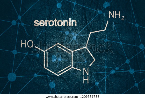 Chemical molecular formula hormone\
serotonin. Infographics\
illustration.
