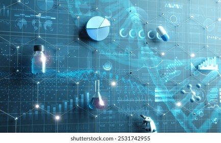 Chemical, pharmaceutical items and 3D statistic graphs  in hexagonal grid. Biotechnology research abstract background.3D render. - Powered by Shutterstock