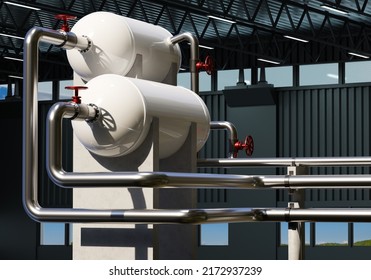 Chemical Production. Steel Pipes And Tanks Inside Chemical Factory. Concept Equipment For Production Pesticides. Pipeline With Storage Containers. Processing Chemical Products In Factory. 3d Image.