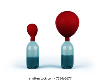 Chemical reaction with balloon and bottle experiment isolated. The balloon is blow up when soda is added to a bottle of vinegar. 3D Render.