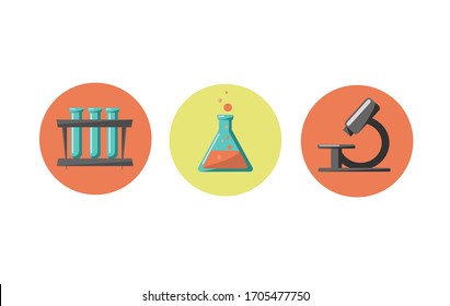 Chemical Set. Labratory. Icons. 
Flasks, Test Tubes, Microscope.