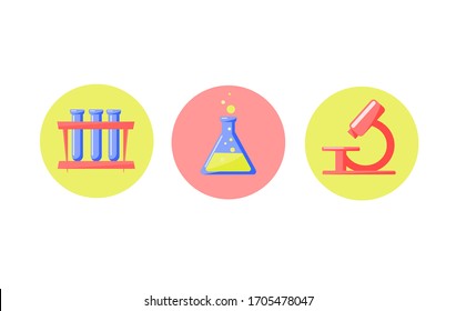 Chemical Set. Labratory. Icons. 
Flasks, Test Tubes, Microscope.