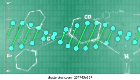 Chemical structure image over binary coding background. Science, technology, digital, molecular, chemistry, code
